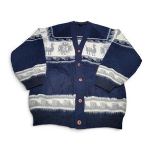 VTG Inca Artesanias Alpaca Wool Cardigan Sweater Llama Navy Blue Men M 22 P2P